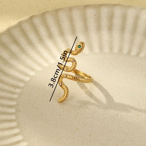 Luxury 18K gold-plated snake wrap ring with green gemstone eyes and 3.8cm length detail