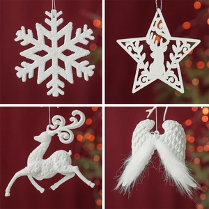 Christmas Hanging Ornaments White Glitter Snowflake Reindeer Angel Wings Star Holiday Tree Decorations