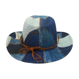 Detail of patchwork denim sun hat featuring contrast stitching and faux leather cord