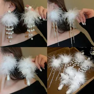 Elegant Faux Artificial Pearl Feather Long Tassel Earrings With 925 Sterling Silver Earring Post Rhinestone Flower Drop For Women