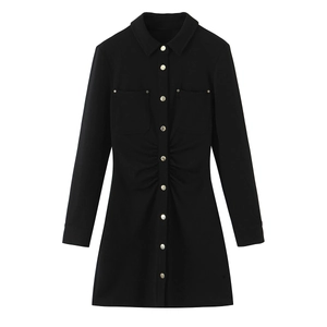 Robe Chemise Noire Femmes Manches Longues Boutonnée Coupe Ajustée Élégante Midi Côtelée Bureau