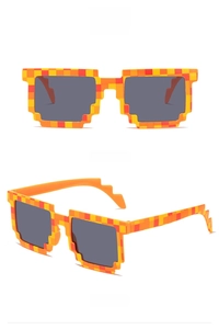 Close-up of orange pixel block sunglasses with front and 45-degree side views