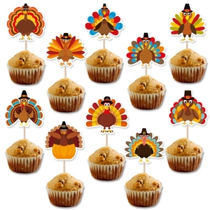 Thanksgiving Turkey Cake Toppers Autumn Harvest Party Decorations Pumpkin Cupcake Picks DIY Paper Dessert Decor Fall Celebration