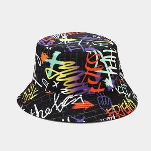 Black street style bucket hat with colorful hand-painted graffiti and active lettering