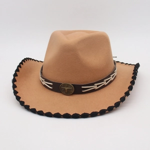 Classic camel western cowboy hat with metal bull head emblem and woven brim edges