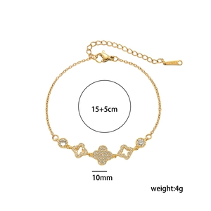 Adjustable 15+5cm gold clover bracelet with micro-pave zircons and lobster clasp closure