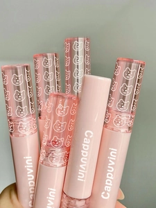 Group shot of glossy mirror water lip glaze with cute bear pattern on pink tubes