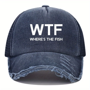 Detailed close-up of distressed denim trucker hat with WTF white printed lettering