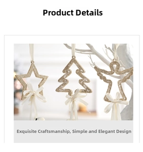 Detail of glittery gold Christmas ornaments including stars and angels with white bows