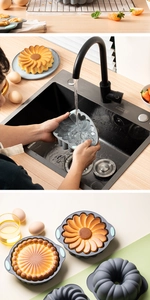 Detail showing various sunflower silicone cake molds with heat-resistant handles for baking