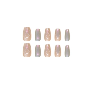 Faux ongles Cat Eye Aurora effet sirène avec motifs lignes peints à la main forme trapèze