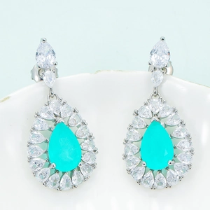 Vintage palace style drop earrings with pear-cut mint blue sapphire and silver zircon