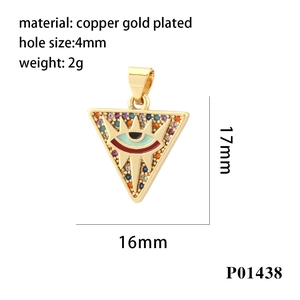 Detailed view of a gold-plated copper evil eye charm with size metrics and colorful zircon