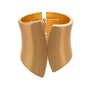 Wide brushed gold geometric cuff bracelet with minimalist spring hinge and matte finish