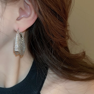 Close-up of elegant silver tassel earrings with zircon studs worn by a model
