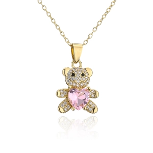 Collier pendentif ours en or avec pierre de cœur rose et zircons scintillants