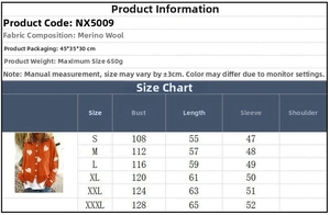 Size chart for heart pattern knitted cardigan showing bust, length and sleeve measurements