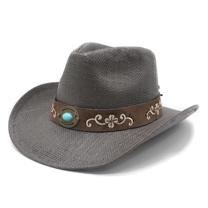 Grey woven western cowboy straw hat featuring a turquoise embellishment on decorative band