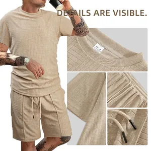 Khaki waffle texture men's summer shorts set with short sleeve t-shirt and drawstring