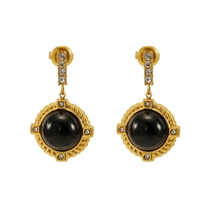 Gold-plated stainless steel earrings with black natural stone and sparkling zircon halo