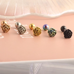 Five colors of 3D rose stainless steel tongue rings and barbell body jewelry piercings