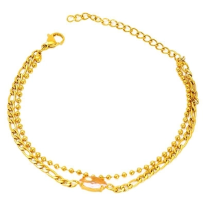 Double-layered golden bracelet featuring beads, a Figaro chain, and a pink marquise zircon