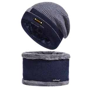 Winter knit beanie and neck warmer set with thick fleece lining in dark blue sport style