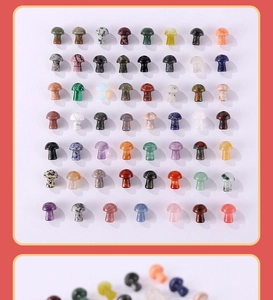 Detailed grid display of colorful mushroom-shaped natural stones and crystal pendants