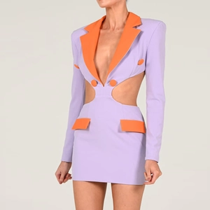 Slim fit V-neck blazer dress with orange and purple color blocking and waist cut-outs
