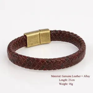 Brown braided leather bracelet with vintage gold magnetic clasp for men and women