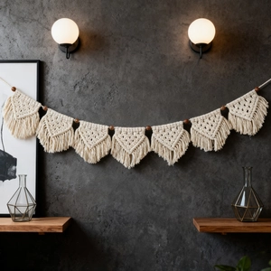 Bohemian handmade macrame wall hanging with cotton tassels and wooden beads decor