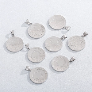 Minimalist silver stainless steel round pendants with occult symbols and romantic engravings