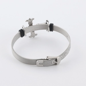 Silver stainless steel mesh bracelet with gothic cross charm and adjustable pin buckle