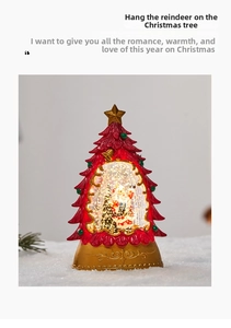 Close-up of a Christmas tree water globe lantern with Santa Claus and festive glitter