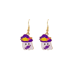 Detail of Halloween ghost earrings with purple wizard hats and oil-dripping pumpkin charms