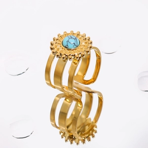 Gold-plated stainless steel ring with turquoise stone and water droplet accents