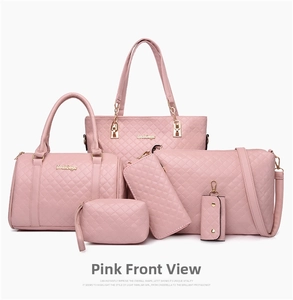 Pink quilted 6-piece handbag set featuring tote, crossbody and matching accessories