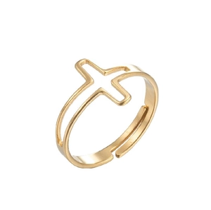 Golden hollow cross wide band ring with adjustable opening for women in stainless steel