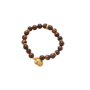 Tiger eye beaded bracelet with gold hollow gourd pendant and green gemstone charm