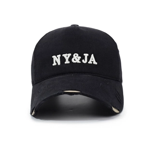 Distressed black cotton baseball cap with white NY&JA 3D embroidery and worn brim details