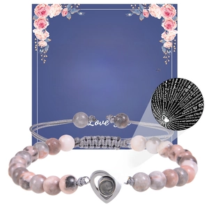 Bracelet Pendentif Coeur de Projection en Pierre Naturelle Perlé Cordon Tissé Réglable pour Femme Maman Fille Cadeau Commémoratif