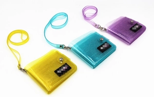 Three-color glitter transparent PVC neck pouch set with snap buttons and matching lanyards