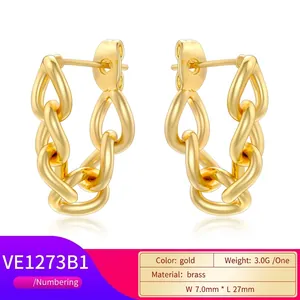 Retro 18K gold-plated brass interlocking chain-link drop earrings on white background