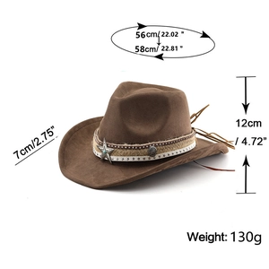 Brown faux suede western cowboy hat detail with star rivets and size specifications
