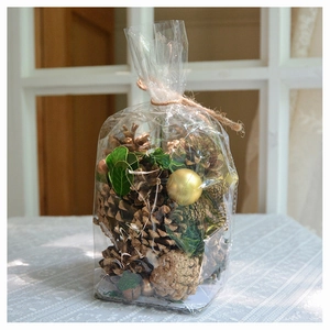 Close-up of DIY Christmas pine cone set with gold balls in clear PVC gift packaging