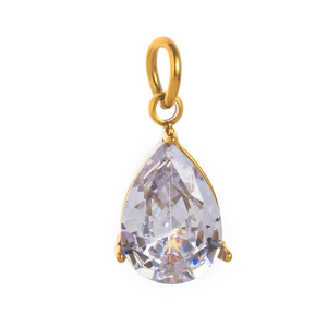 Detail view of water drop-cut clear zircon pendant set in polished golden metal base