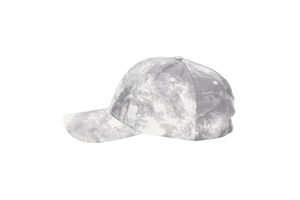 Side view of a grey and white tie-dye baseball cap with breathable eyelets detail