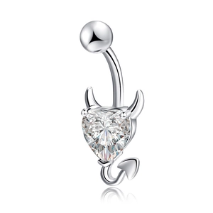 Devil heart belly button ring in surgical steel with clear heart-shaped zircon stone