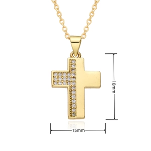 Detailed view of gold cross pendant with cubic zirconia and 18mm by 15mm dimensions