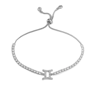 Macro shot of silver Gemini zodiac bracelet with adjustable sliding buckle and cubic zirconia